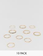 Asos Design Pack Of 10 Rings In Minimal Design In Gold - Gold