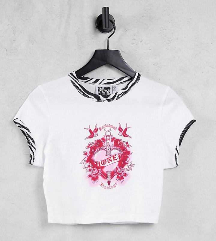 Reclaimed Vintage Inspired Shrunken T Shirt With Tattoo Print And Zebra Binding In White