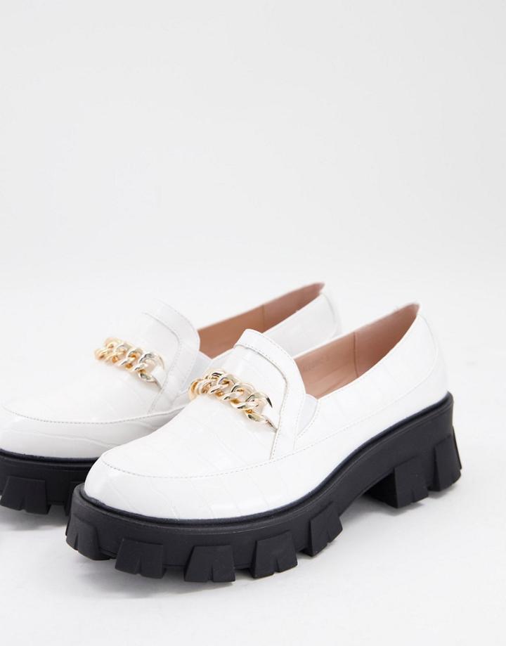 Raid Alessio Chunky Flat Shoes With Gold Chain Detail In White Croc
