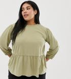 Asos Design Curve Smock Top In Wash With Blouson Sleeve Detail - Brown