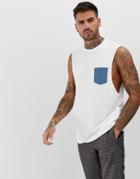 Asos Design Organic Relaxed Sleeveless T-shirt With Dropped Armhole With Contrast Pocket In White