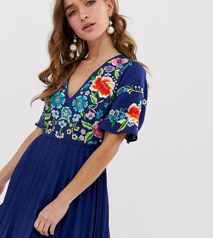 Asos Design Petite Pleated Embroidered Mini Dress-navy