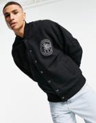 Asos Design Oversized Jersey Bomber Jacket In Black With Roman Numerals Logo