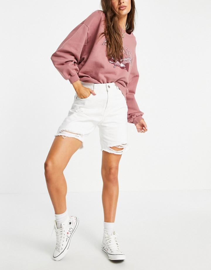 Pull & Bear Long Denim Shorts In White
