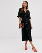 Stradivarius Button Front Midi Dress In Black - Black