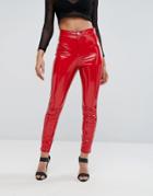 Asos Rivington High Waist Denim Jeggings In Vinyl Effect In Red - Red