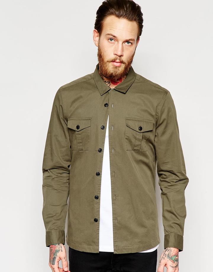 Asos Military Shirt In Khaki With Revere Collar In Long Sleeve - Khaki
