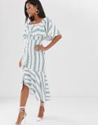 Asos Design Square Neck Striped Midi Dress With Ruched Skirt And Pep Hem - Multi