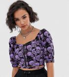Collusion Zip Through Puff Sleeve Blouse In Skull Print-multi