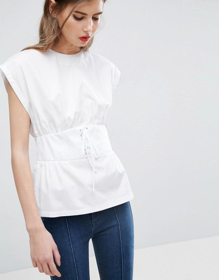Asos Cotton Top With Corset Detail - White
