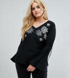 River Island Plus Embroidered Lace Up Sleeve Blouse - Black