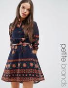 Yumi Petite Belted Dress In Floral Border Print - Navy