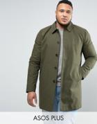 Asos Plus Single Breasted Trench Coat With Shower Resistance In Khaki - Green