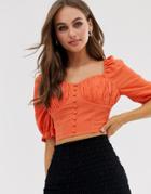 Moon River Smocked Back Button Front Top With Balloon Sleeve-orange