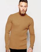 Asos Muscle Fit Roll Neck Jumper In Stretch Rib - Camel