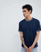 Brave Soul Double Striped Trim T-shirt - Navy
