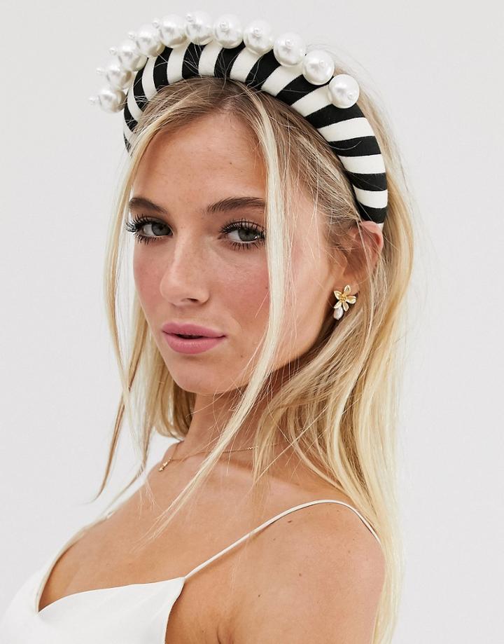 Asos Design Padded Headband With Statement Pearl In Monochrome Stripe-multi
