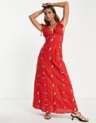 Asos Design Daisy Embroidered Tie Strap Maxi Dress In Red-multi