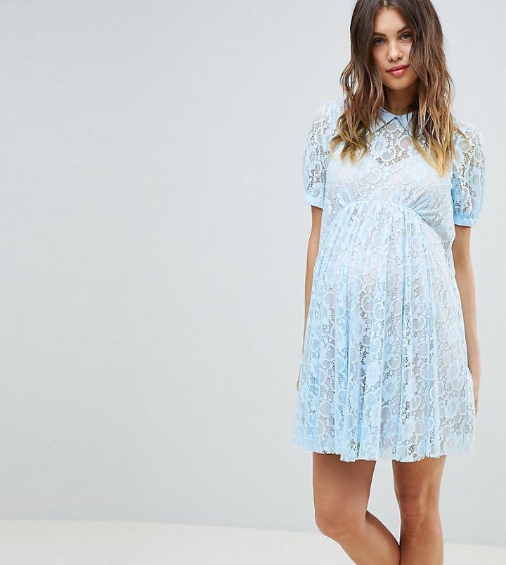 Asos Design Maternity Lace Swing Mini Dress With Collar-blue
