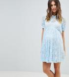 Asos Design Maternity Lace Swing Mini Dress With Collar-blue