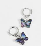 Reclaimed Vintage Inspired Unisex Faux Mother Of Pearl Butterfly Huggie Hoops-silver