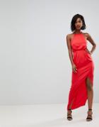 Asos Hammered Satin Maxi Dress With Lace Up Back - Red