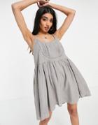 Asos Design Mini Cami Smock Sundress With Pin Tucks And Crochet Lace In Washed Gray-grey