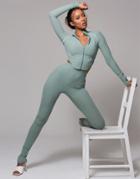 Wmnswear Plunge Zip-front Long Sleeve Top And Flared Pant Co-ord In Sage-green