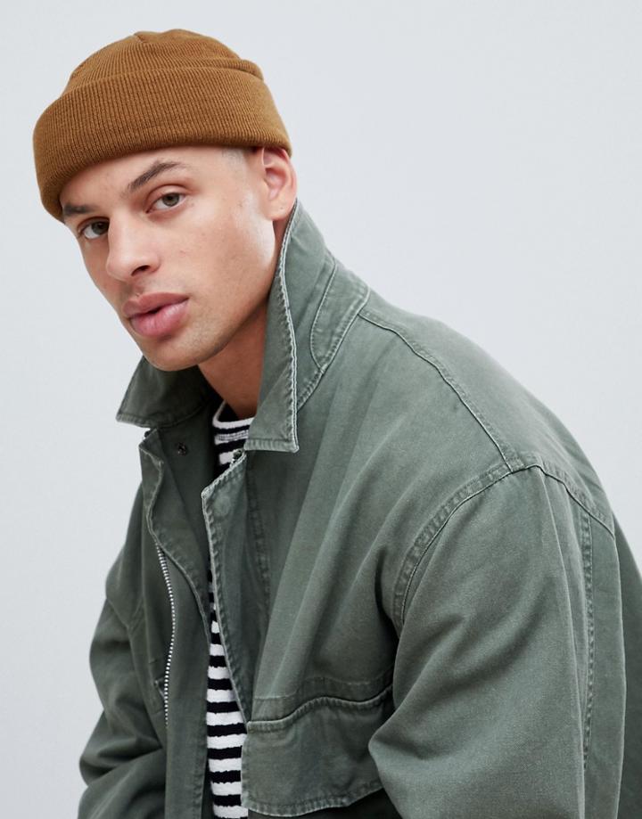 Asos Design Mini Fisherman Beanie In Tobacco - Tan