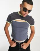 Asos Design Skinny T-shirt In Gray Color Block With Green Piping And Cut Out