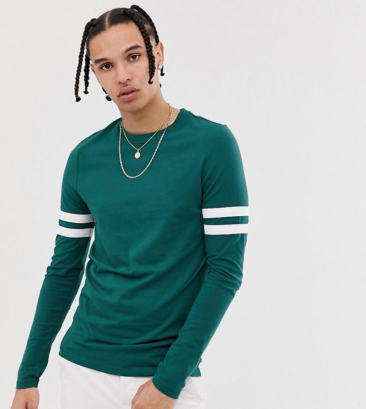 Asos Design Tall Organic Skinny Long Sleeve T-shirt With Stretch And Contrast Sleeve Stripe In Green - Green