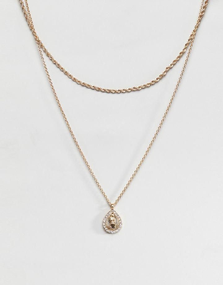 Asos Design Multirow Necklace With Crystal Teardrop Vintage Style Icon Pendant In Gold - Gold