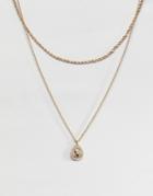 Asos Design Multirow Necklace With Crystal Teardrop Vintage Style Icon Pendant In Gold - Gold