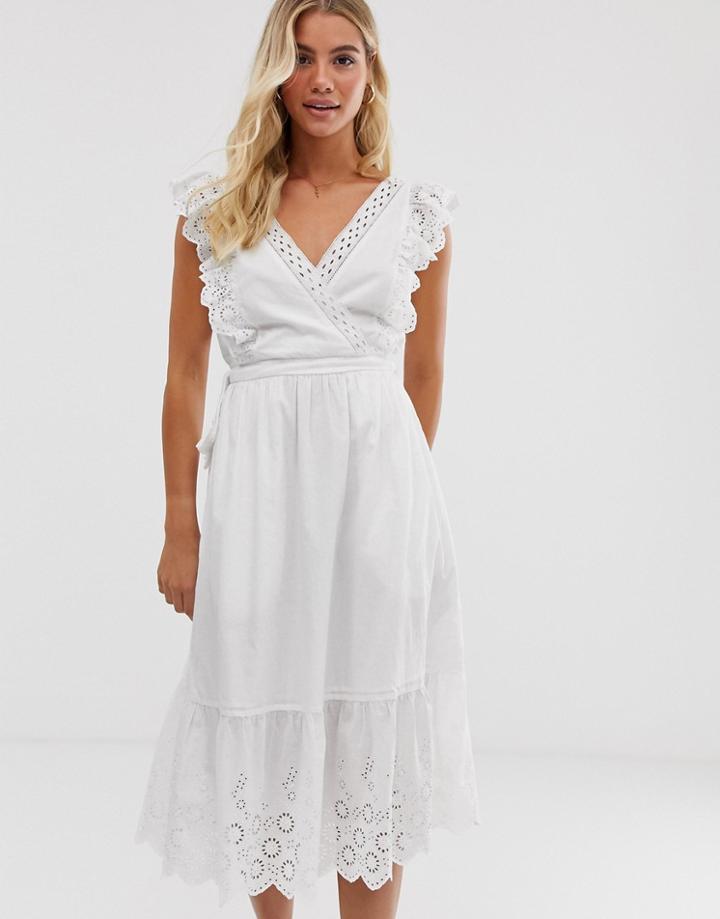Miss Selfridge Wrap Midi Dress In Broderie - White