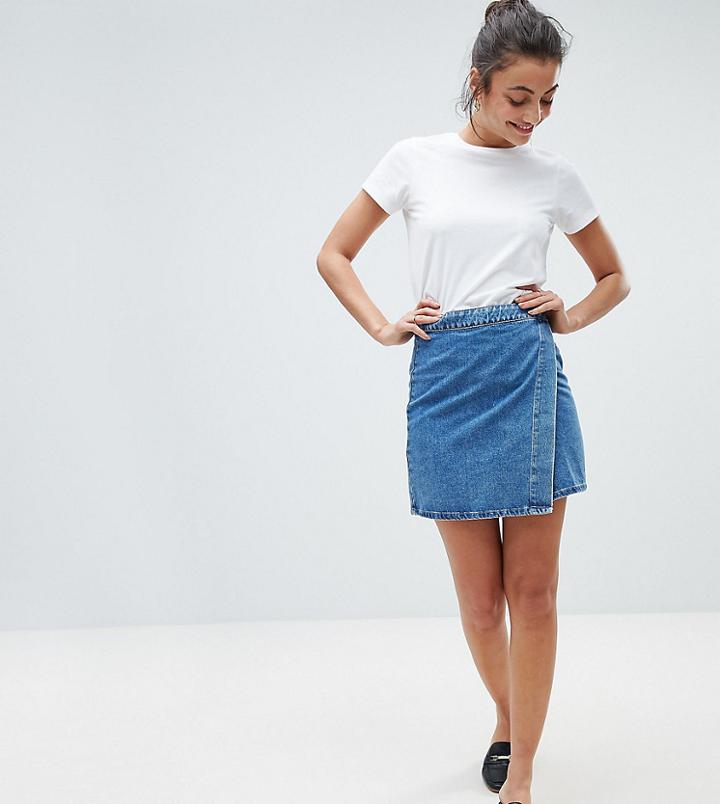 Asos Tall Denim Wrap Skirt In Stonewash Blue - Blue