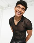 Asos Design Skinny Cropped Polo T-shirt In Black Mesh With V-neck