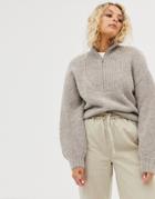 Weekday Fluffy Zip-detail Sweater In Light Beige-gray