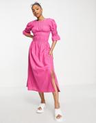Influence Shirred Midi Dress In Hot Pink