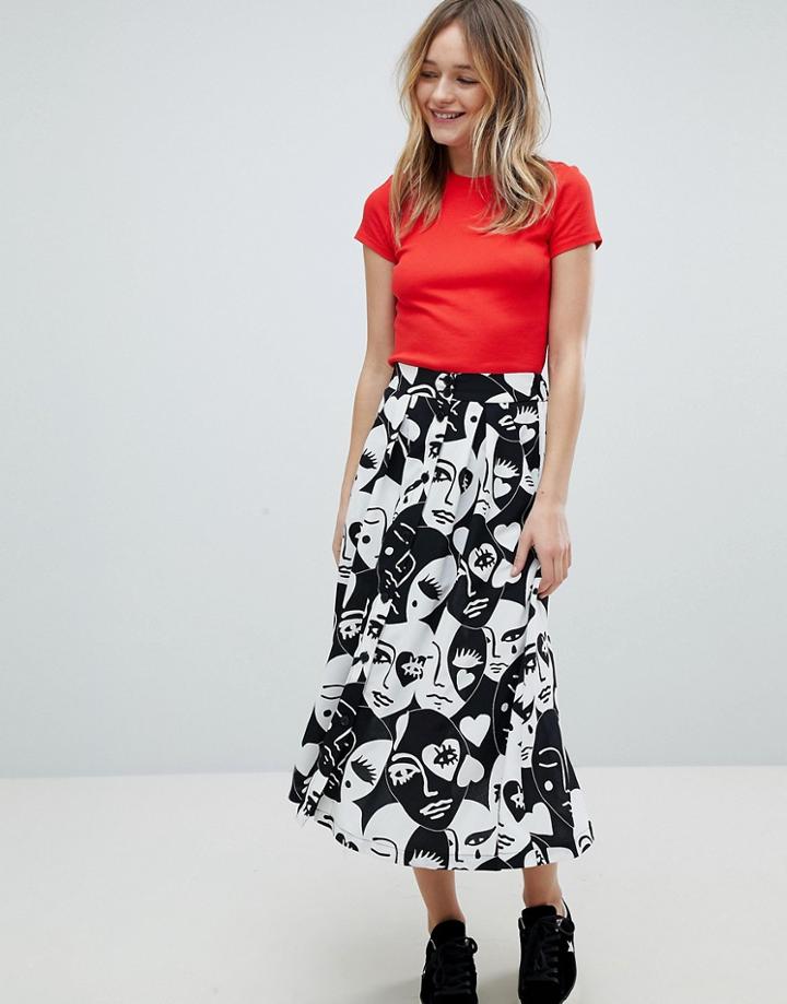 Monki All Over Face Print Midi Skirt - Black