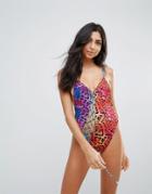 Jaded London Animal Print Cami Swimsuit With Diagonal Lace Up - Multi