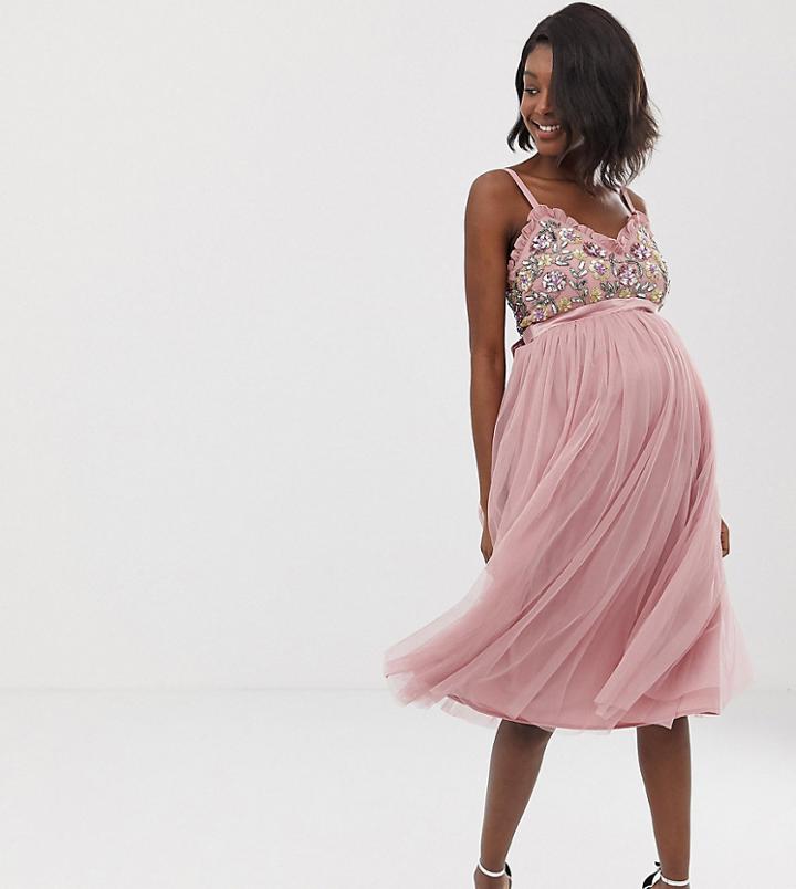 Maya Maternity Cami Strap Contrast Embellished Top Tulle Detail Midi Dress In Vintage Rose-pink