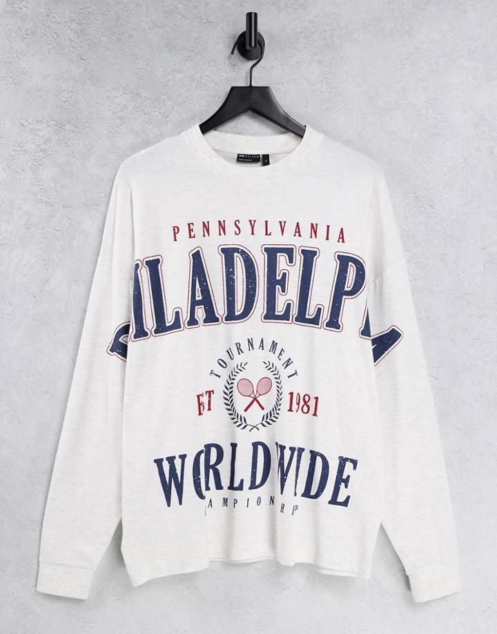 Asos Design Oversized Long Sleeve T-shirt With Philadelphia Collegiate Print In Beige Heather-neutral