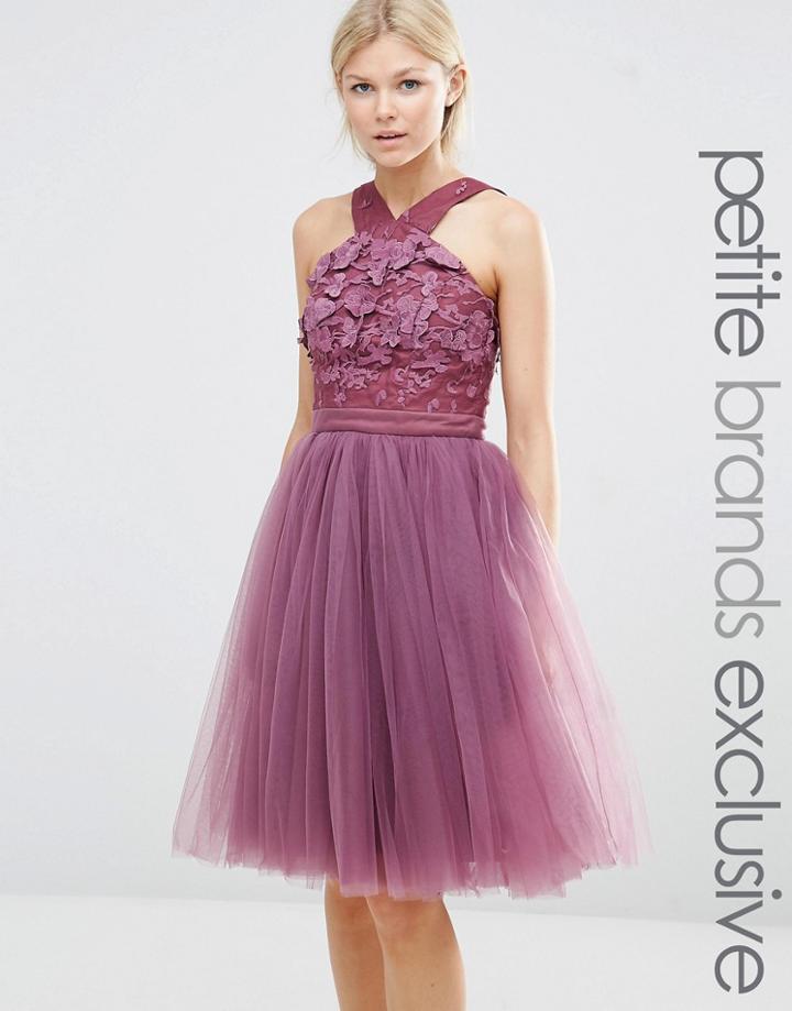 Chi Chi London Petite Cross Front Floral Applique Dress With Tulle Skirt - Dark Rose