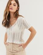 Mango V Neck Short Sleeved Open Knitted Top In Off White - White