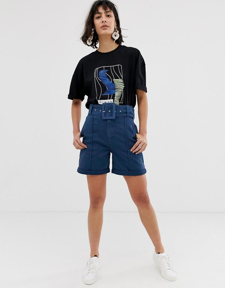 Asos White Denim Belted Shorts-multi