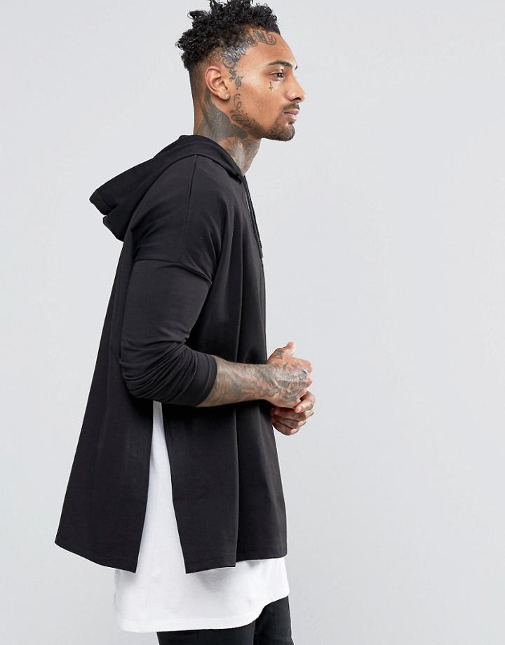 Asos Heavyweight Extreme Oversized Long Sleeve T-shirt With Hood And Side Splits - Black