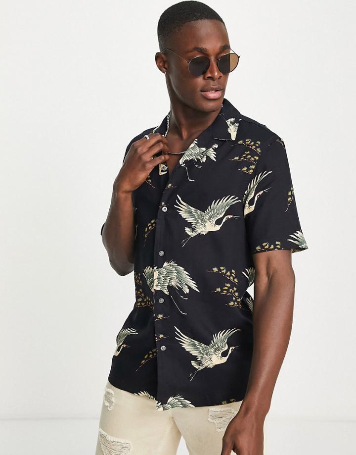 French Connection Bird Print Camp Collar Collar Shirt In Navy