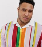 Asos Design Plus Organic Cotton Relaxed Polo With Revere Collar With Rainbow Vertical Stripe - Multi