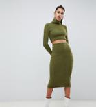 Missguided Knitted Midi Skirt In Khaki - Green