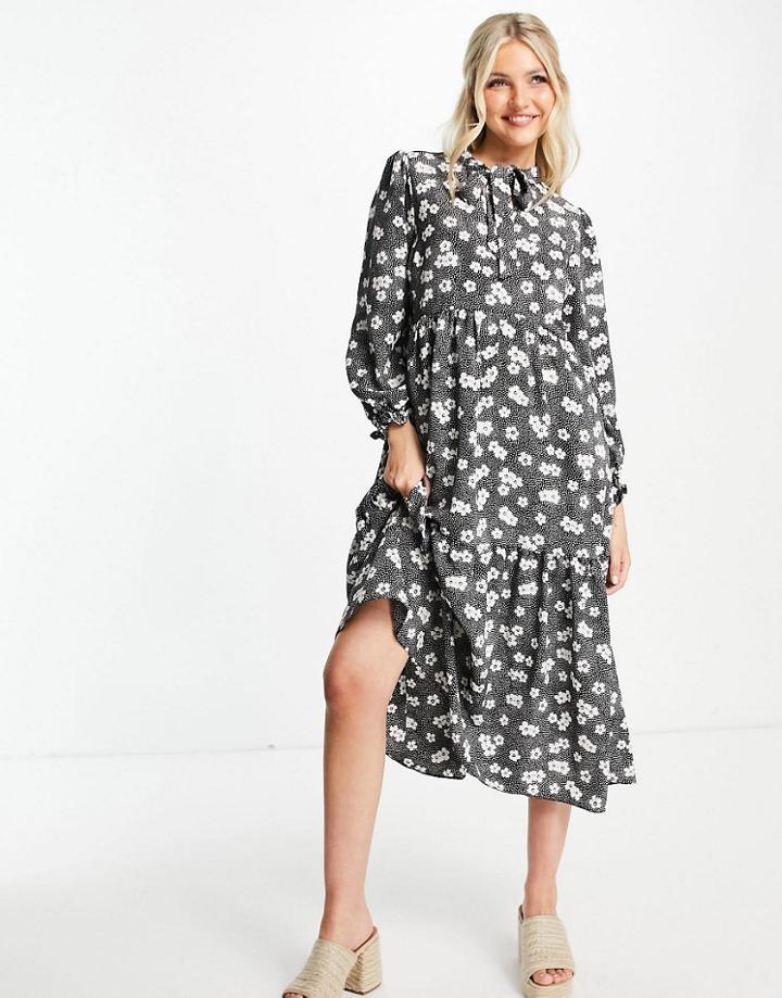 New Look Tie Neck Midi Dress In Floral-multi